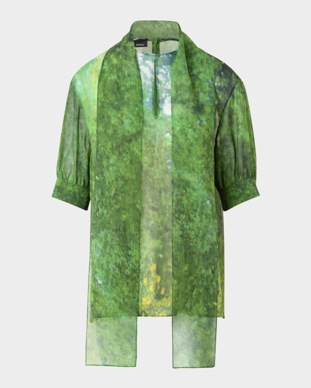 Tree-Print Silk Neck Scarf Blouse